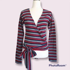 Free People Wrap Front Stripe Knit Long Sleeve Top (L)